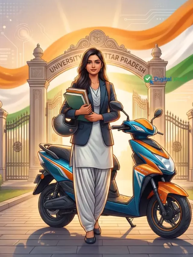 UP Free Scooty Yojana 2026 cover image - meritorious girl student with scooty and college background