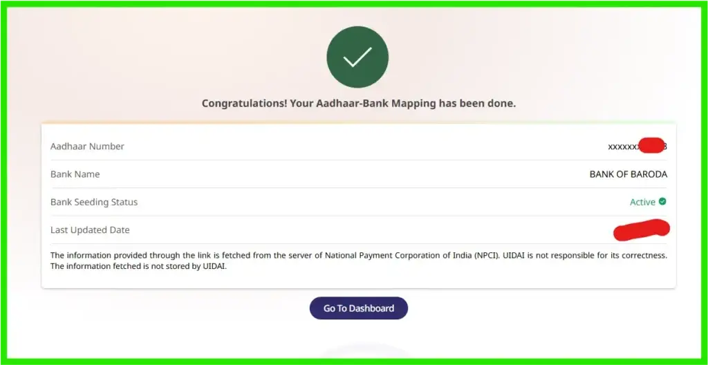 aadhar card bank seeding link status successful