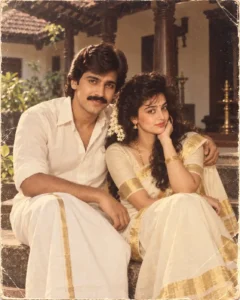 80s couple ai Nostalgic Kerala Courtyard Portrait